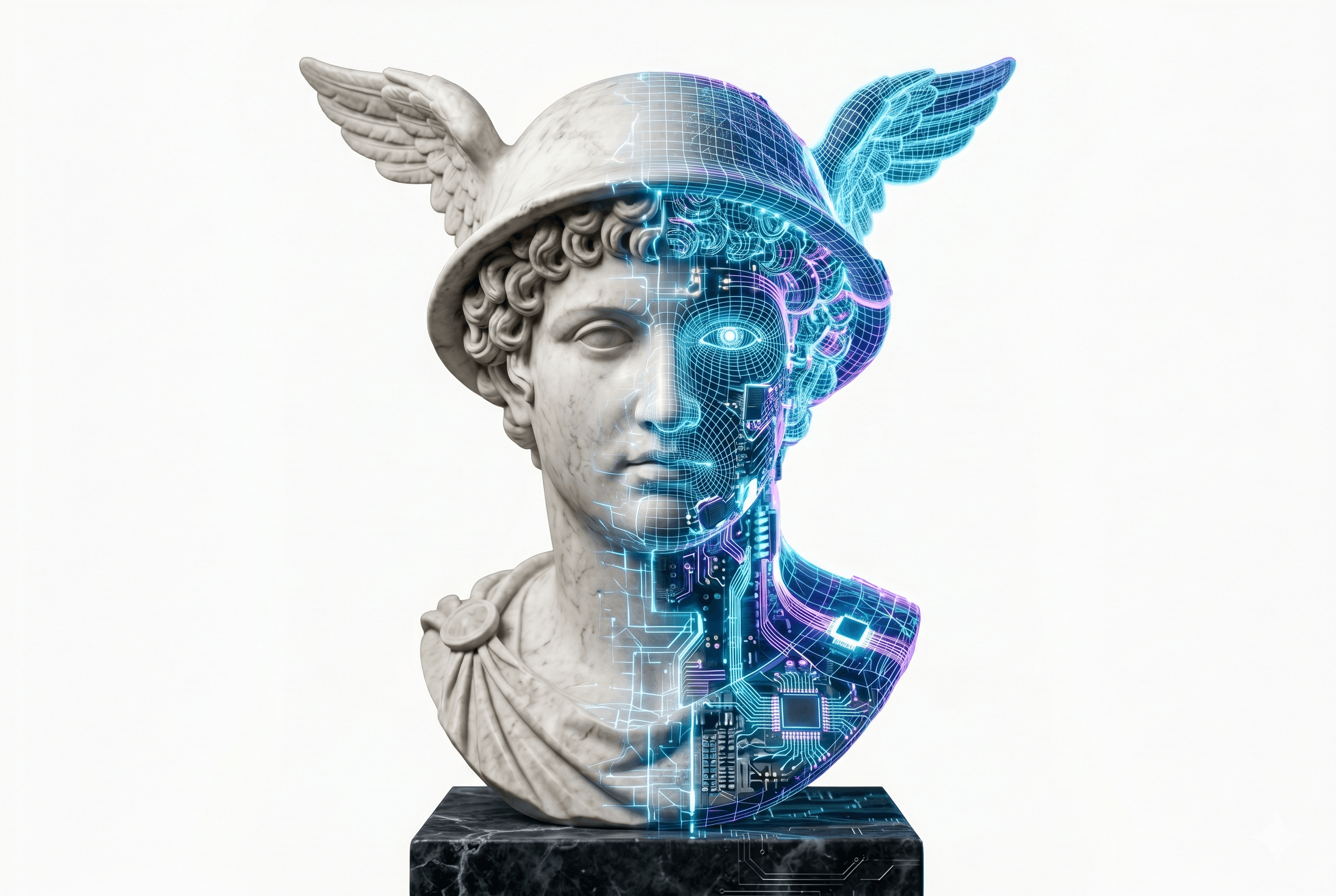 Hermes — classical marble bust merged with circuit board