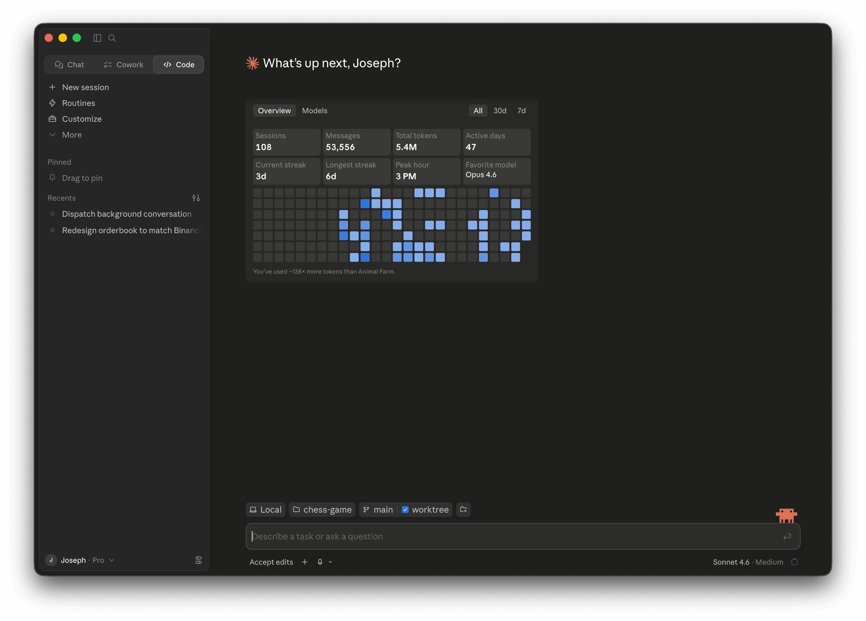 The Claude Desktop app on macOS in dark mode, with usage stats, recent sessions in the sidebar, and a chat input ready for the next message.