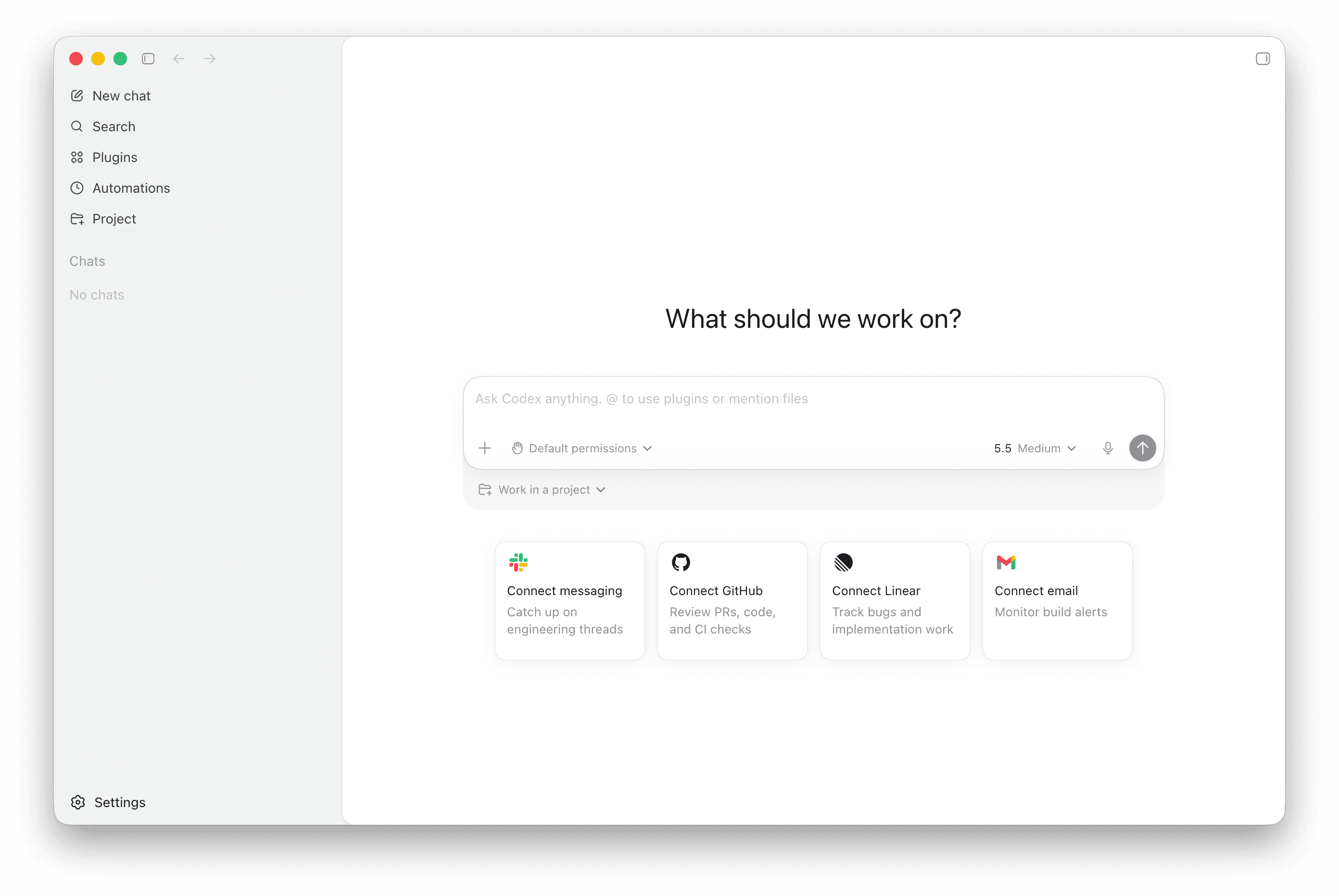 The Codex Desktop app on macOS, showing the home screen with a 'What should we work on?' prompt, sidebar entries for New chat / Search / Plugins / Automations / Project, and integration cards along the bottom.
