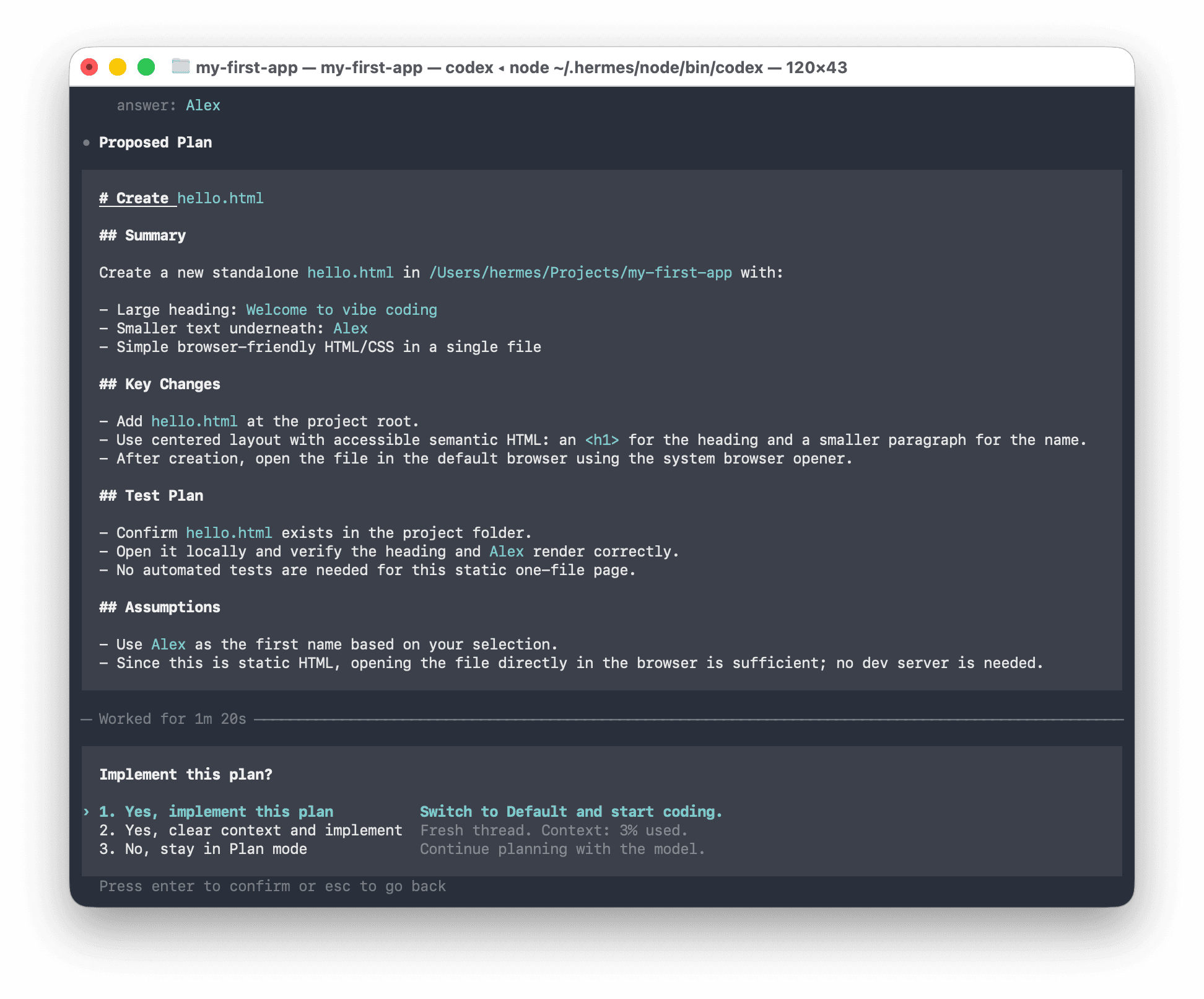 Codex CLI showing a 'Proposed Plan' with sections for Summary, Key Changes, Test Plan, and Assumptions, followed by a three-option prompt: '1. Yes, implement this plan', '2. Yes, clear context and implement', '3. No, stay in Plan mode'.
